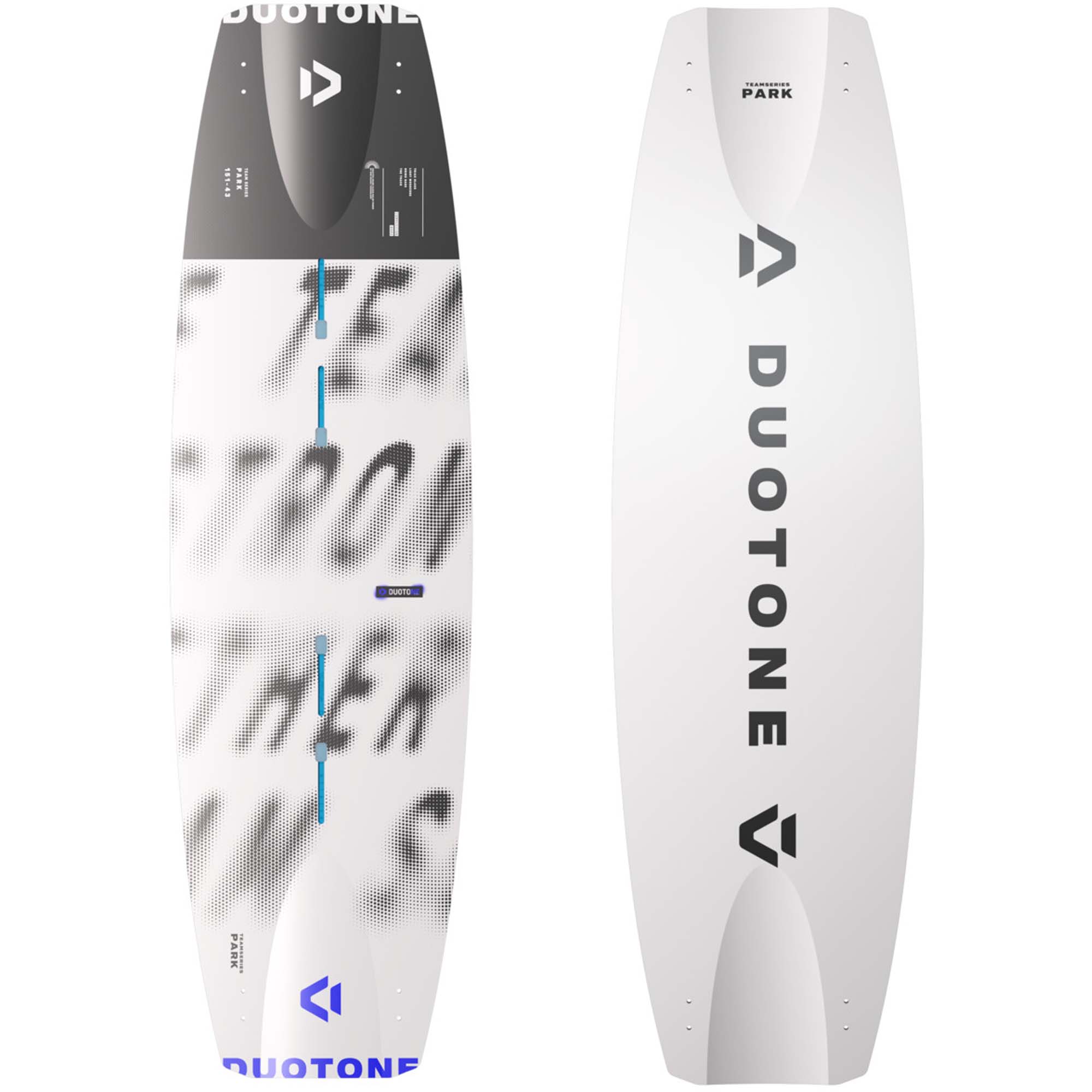 Duotone TS Park 2026 Kiteboard - Windsport Fehmarn Vorder- und Rückansicht des weißen Duotone Team Series Park 2026 Kitesurf-Boards auf weißem Hintergrund.