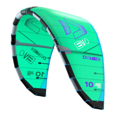 Türkis-schwarzer Duotone Evo 2026 Kitesurf-Kite in 10qm Größe vor weißem Hintergrund.