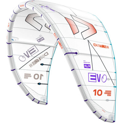 Weißer Duotone Evo SLS Kite vor weißem Hintergrund mit Branding und Typografie wie Evo 10 und Concept Blue.
