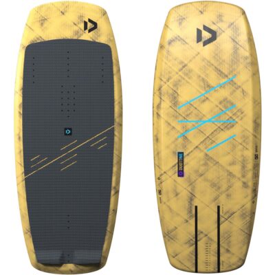 Vorder- und Rückansicht des gelb-schwarzen Duotone Soar SLS Foilboards 2026 mit texturiertem Design.