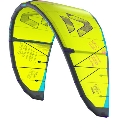 Ein leuchtend gelber Duotone Juice 2025 Kitesurf-Schirm vor weißem Hintergrund.