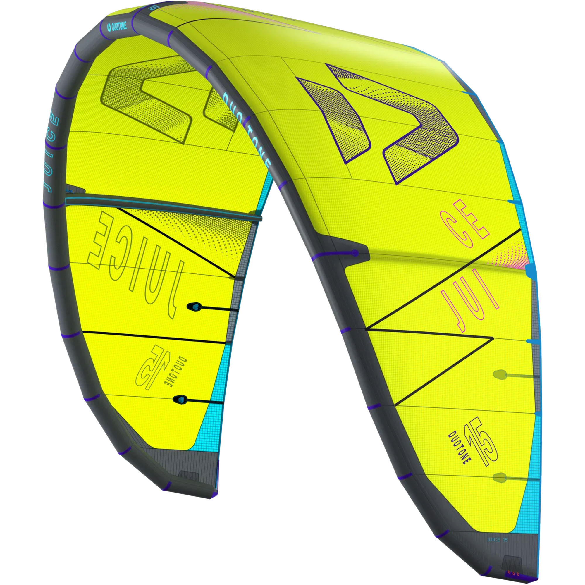 Duotone Juice 2025 Kitesurf-Schirm - Windsport Fehmarn Ein leuchtend gelber Duotone Juice 2025 Kitesurf-Schirm vor weißem Hintergrund.