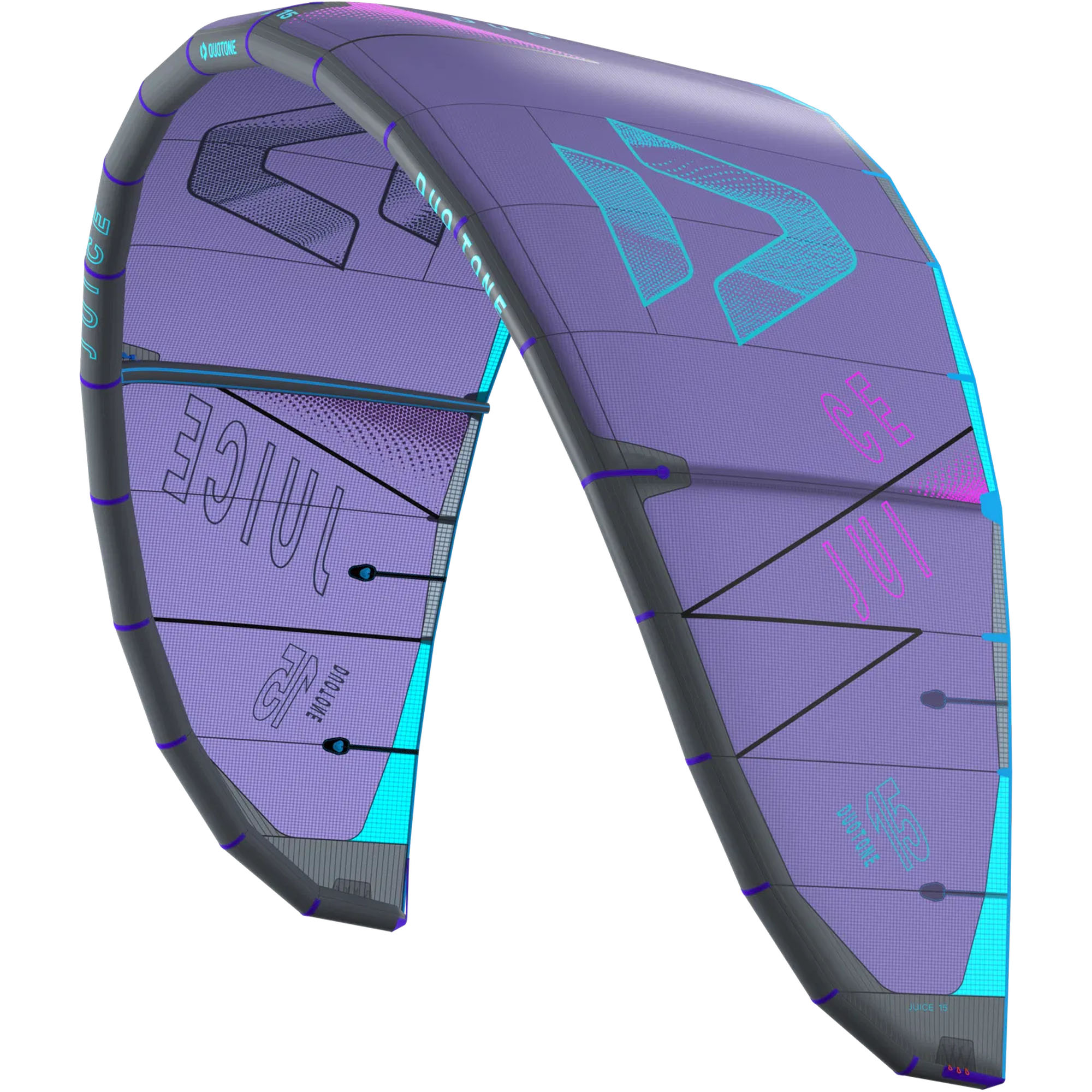 Duotone Juice 2025 Kitesurf-Kite - Windsport Fehmarn Der violette Duotone Juice 2025 Kite vor weißem Hintergrund mit türkisem Branding und technischen Details.
