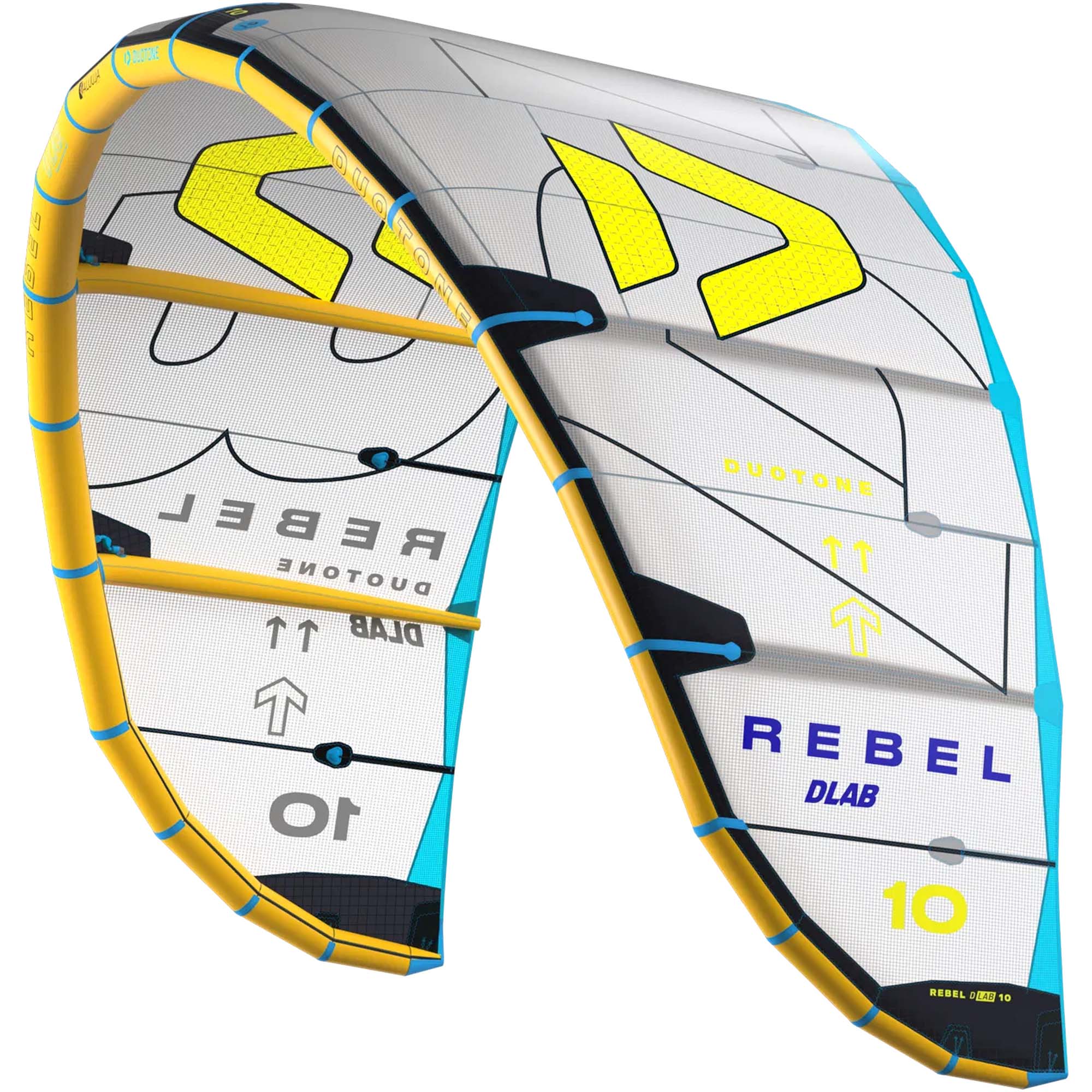 Duotone Rebel DLAB 2025 Kite - Windsport Fehmarn Der weiß-gelb-blaue Duotone Rebel DLAB 2025 Kitesurf-Schirm vor neutralem Hintergrund.