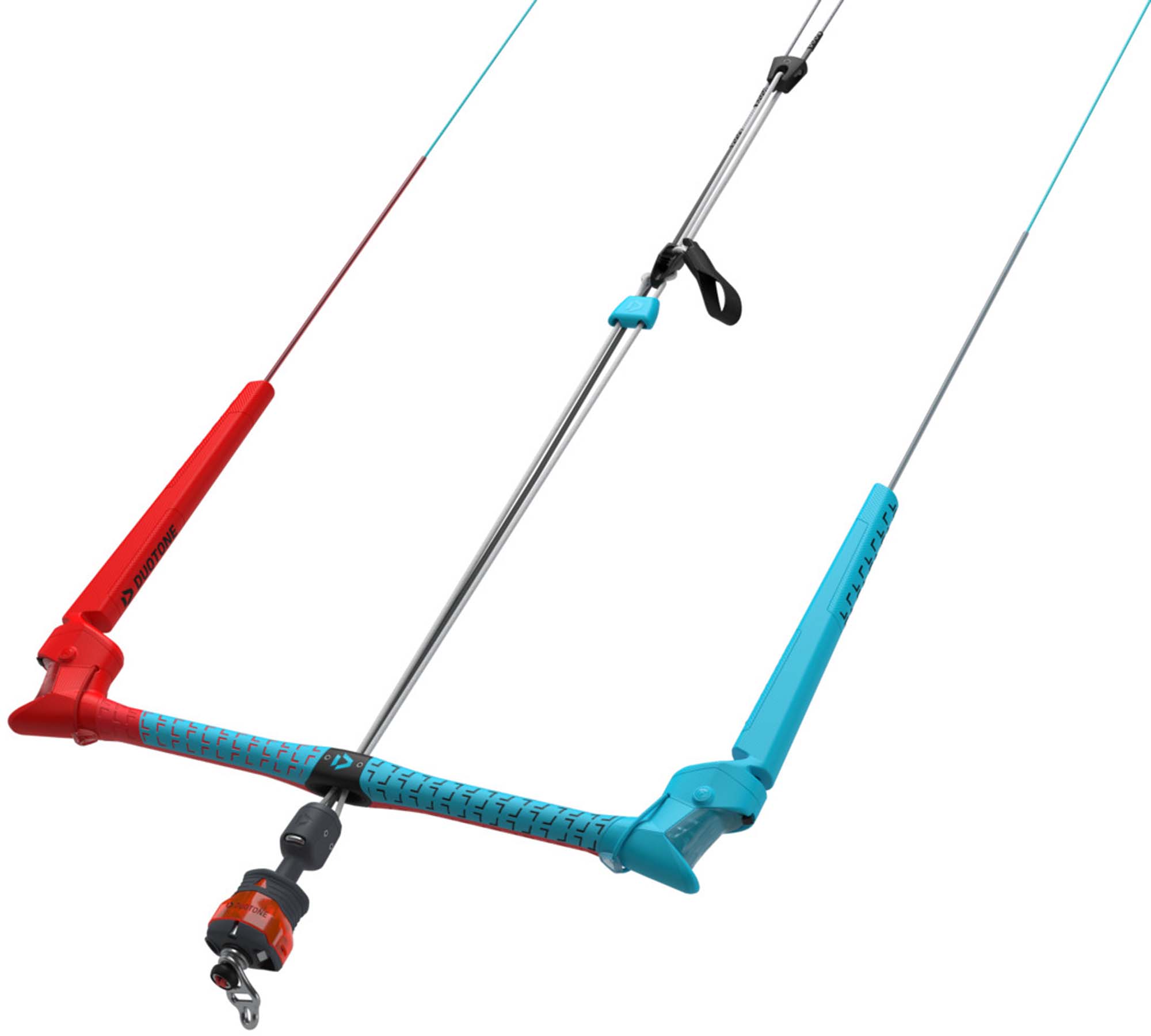 Duotone Trust Bar 2026 - Windsport Fehmarn Duotone Trust Bar 2026 Kitesurf-Steuerbar mit rot-blauer Farbkennung und Quick-Release-System auf weißem Hintergrund.