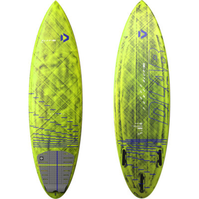 Vorder- und Rückansicht des neongelben Duotone Blur D/LAB Surfboards 2025 mit Carbon-Struktur.