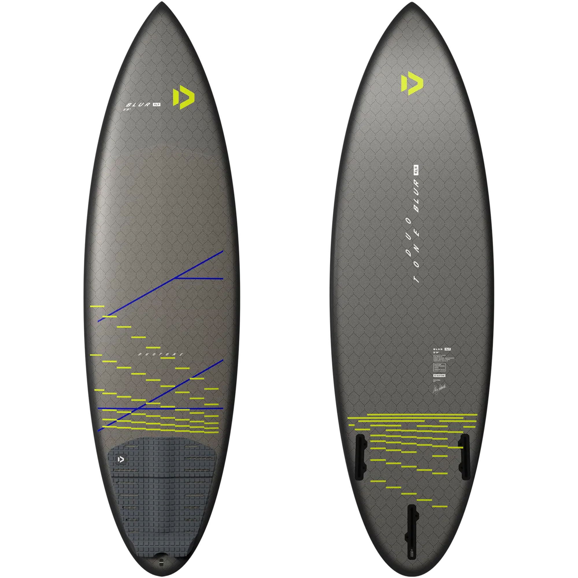 Duotone Blur SLS Kite Waveboard - Windsport Fehmarn Vorder- und Rückansicht des dunkelgrauen Duotone Blur SLS Waveboards mit gelben Akzenten auf weißem Hintergrund.