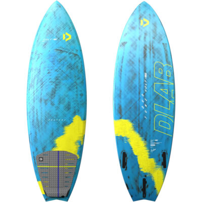Vorder- und Rückansicht des blauen Duotone Volt D/LAB 2025 Kitesurf-Waveboards auf weißem Hintergrund.