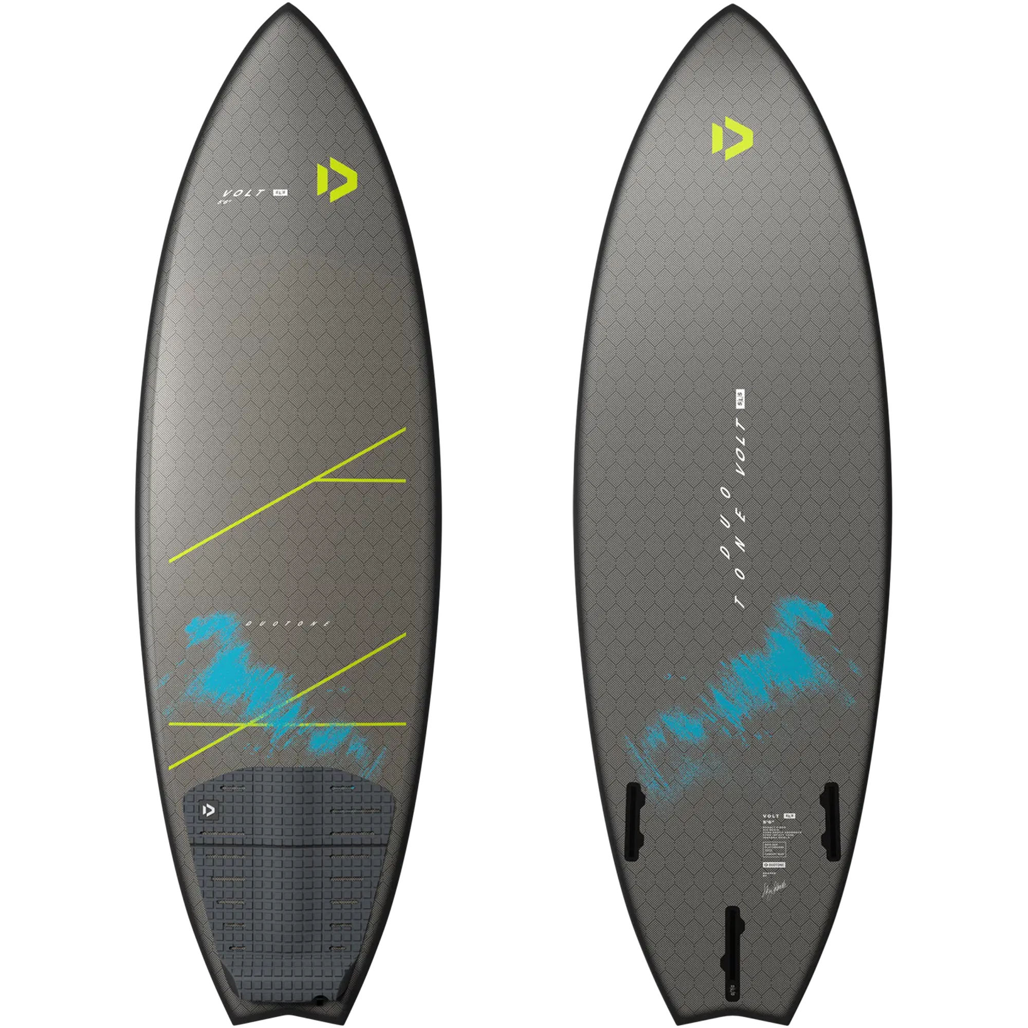 Duotone Volt SLS 2025 Waveboard - Windsport Fehmarn Vorder- und Rückseite des grauen Duotone Volt SLS 2025 Kitesurf-Waveboards mit neongelben und blauen Akzenten.