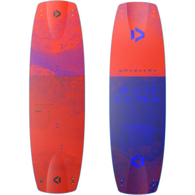 Vorder- und Rückansicht des Duotone Gonzales 2025 Kitesurf-Boards in Rot und Blau mit Marken-Logo.