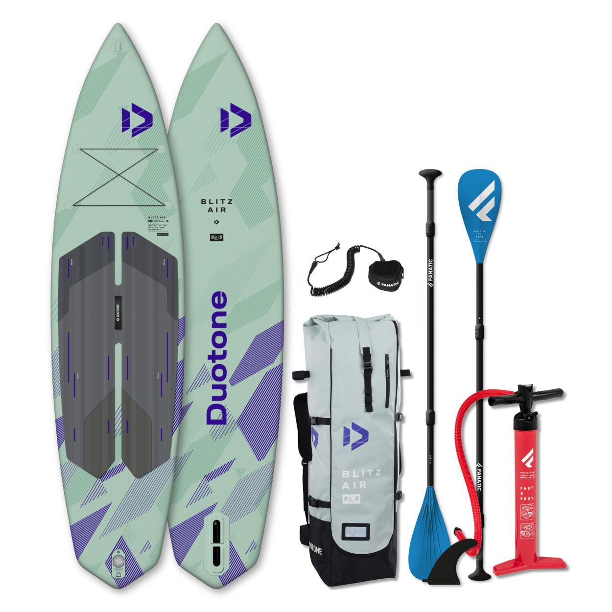 Duotone Blitz Air SLS SUP-Set - Windsport Fehmarn Ein Duotone Blitz Air SLS Stand-Up-Paddleboard mit Rucksack, blauem Fanatic-Paddel, Leash und roter Luftpumpe.