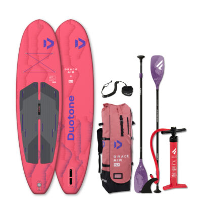 Duotone Grace Air SUP Set bestehend aus aufblasbarem Board, Tasche, Fanatic Paddel, Finne, Leash und Luftpumpe.