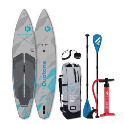 Duotone Raven Air SLS Stand-Up-Paddleboard Set mit Board, Tasche, Fanatic Paddel, Finne, Leash und Pumpe.