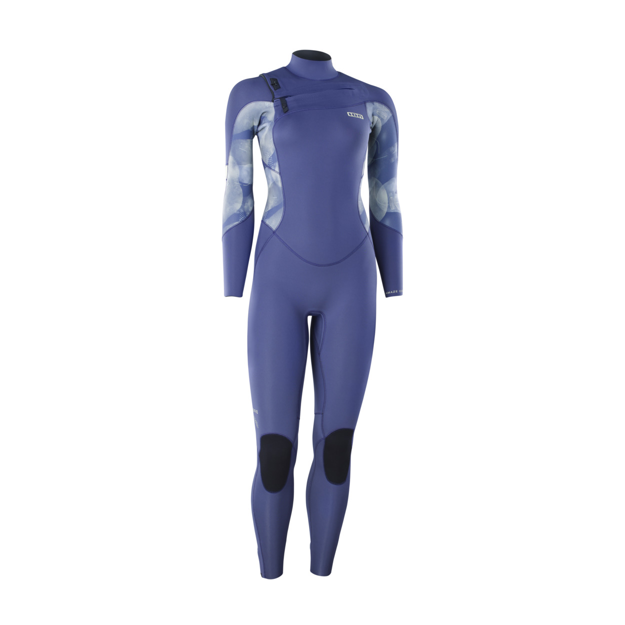ION Amaze Core 3/2 Damen - Windsport Fehmarn Dunkelblauer ION Amaze Core 3/2 Front-Zip Neoprenanzug für Damen vor weißem Hintergrund.