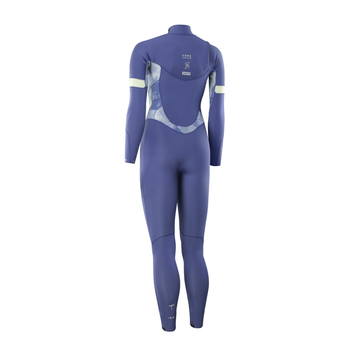 ION Amaze Core Damen Neoprenanzug - Windsport Fehmarn Rückansicht eines blauen ION Amaze Core 4/3 Neoprenanzugs für Damen mit hellen Akzenten und Branding auf weißem Grund.