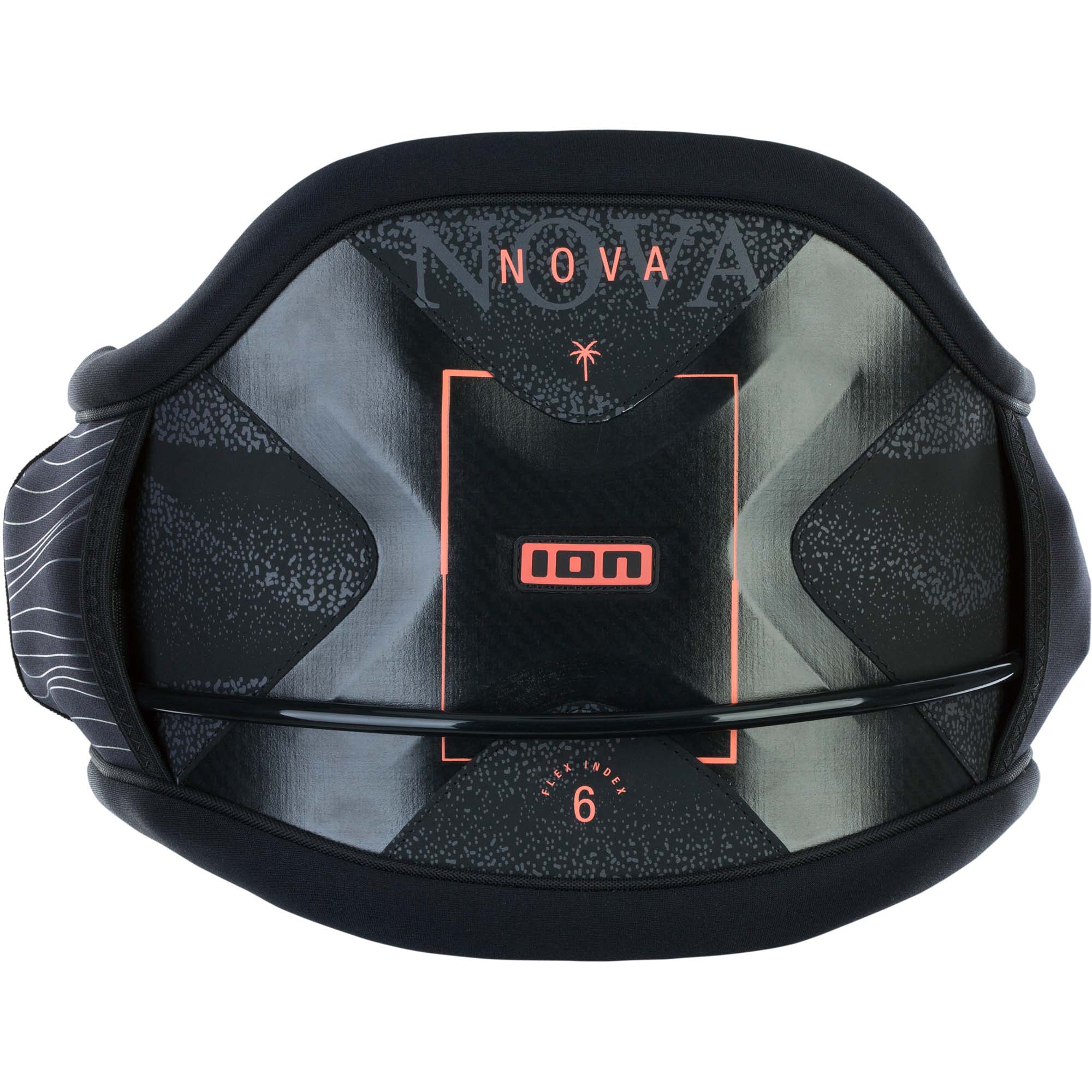 ION Nova Hüfttrapez 2024 Schwarz - Windsport Fehmarn Schwarzes ION Nova Kitesurf-Hüfttrapez 2024 mit orangefarbenen Akzenten und Flex Index 6.