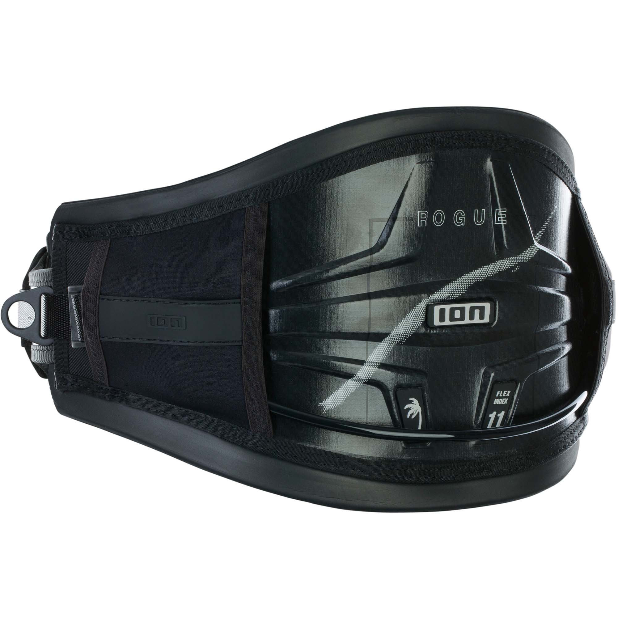 ION Rogue Wingfoiling Hüfttrapez 2024 - Windsport Fehmarn Schwarzes ION Rogue Hüfttrapez für Wingfoiling mit strukturiertem Design und aufgedrucktem Flex Index 11 Logo.