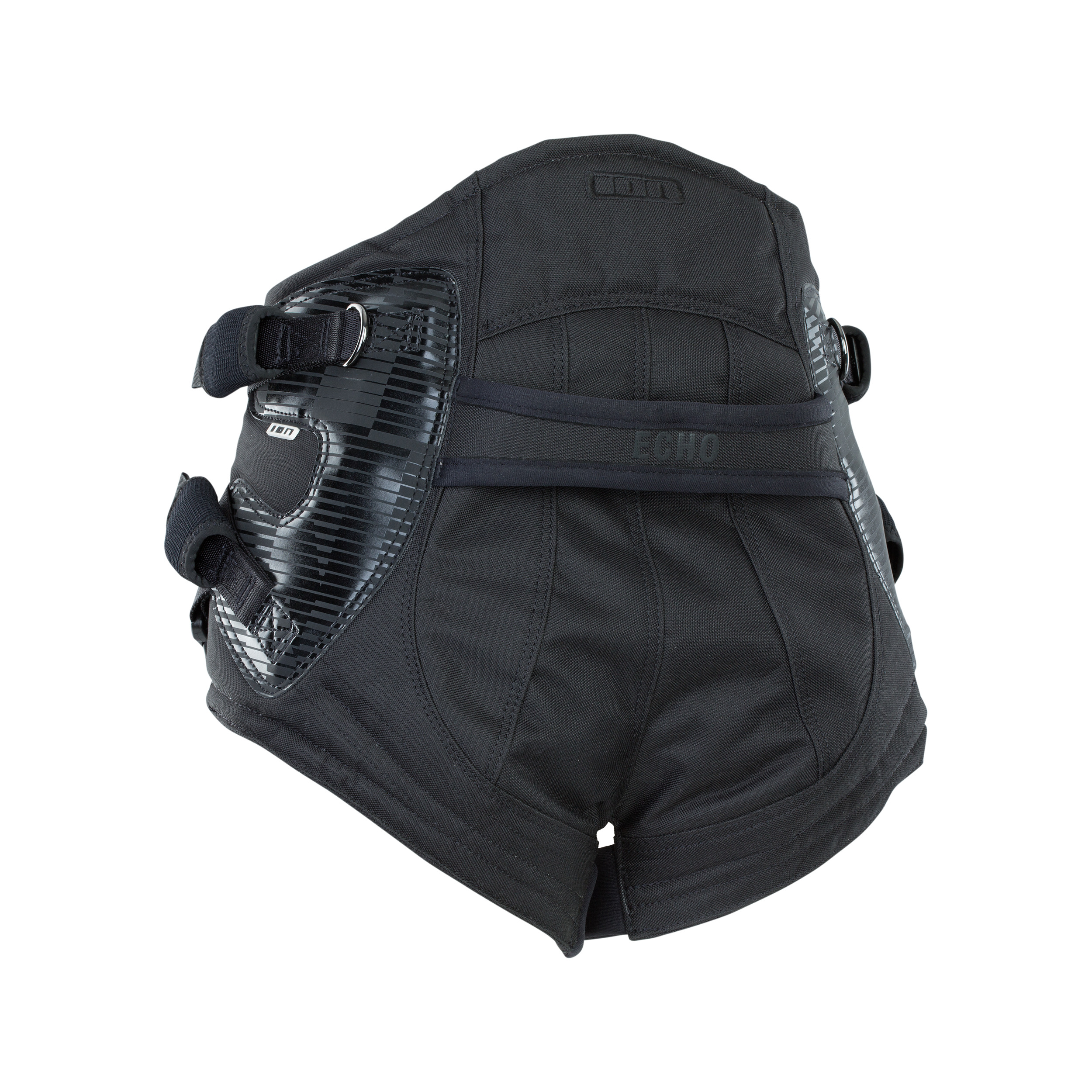 ION Echo Kitesurf Sitz-Trapez 2024 - Windsport Fehmarn Schwarzes ION Echo 2024 Sitz-Trapez für Kitesurfen vor weißem Hintergrund