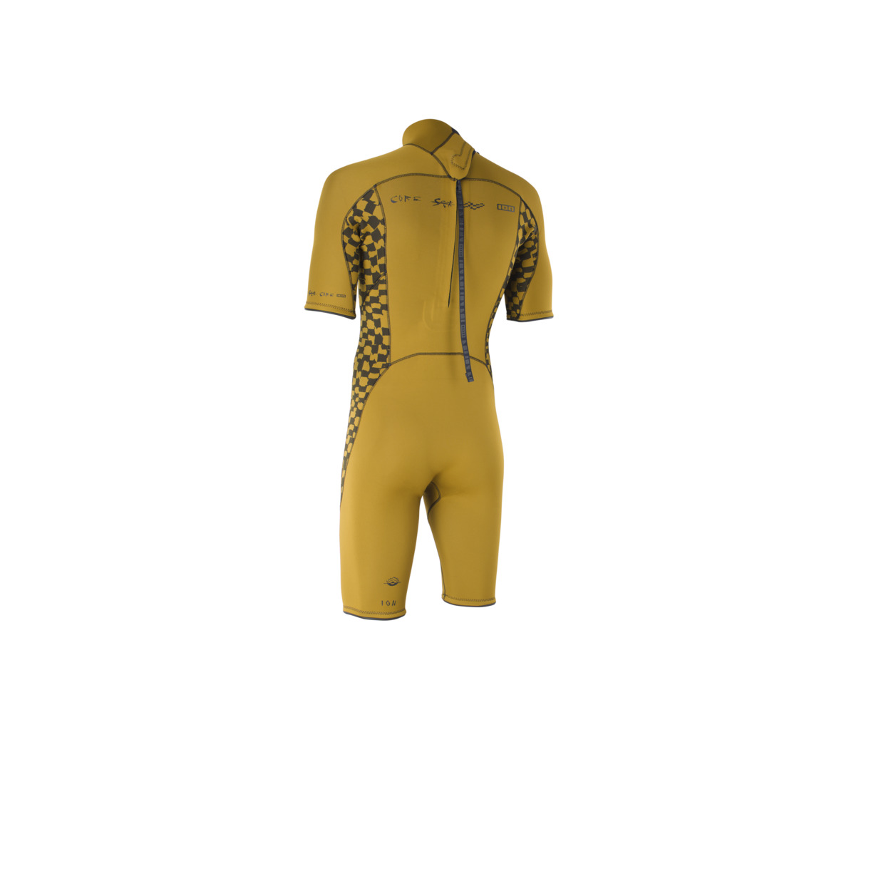 ION Seek Core Shorty Herren - Windsport Fehmarn Rückansicht eines ockergelben ION Seek Core Herren-Shorty Neoprenanzugs mit kurzem Reißverschluss am Rücken.