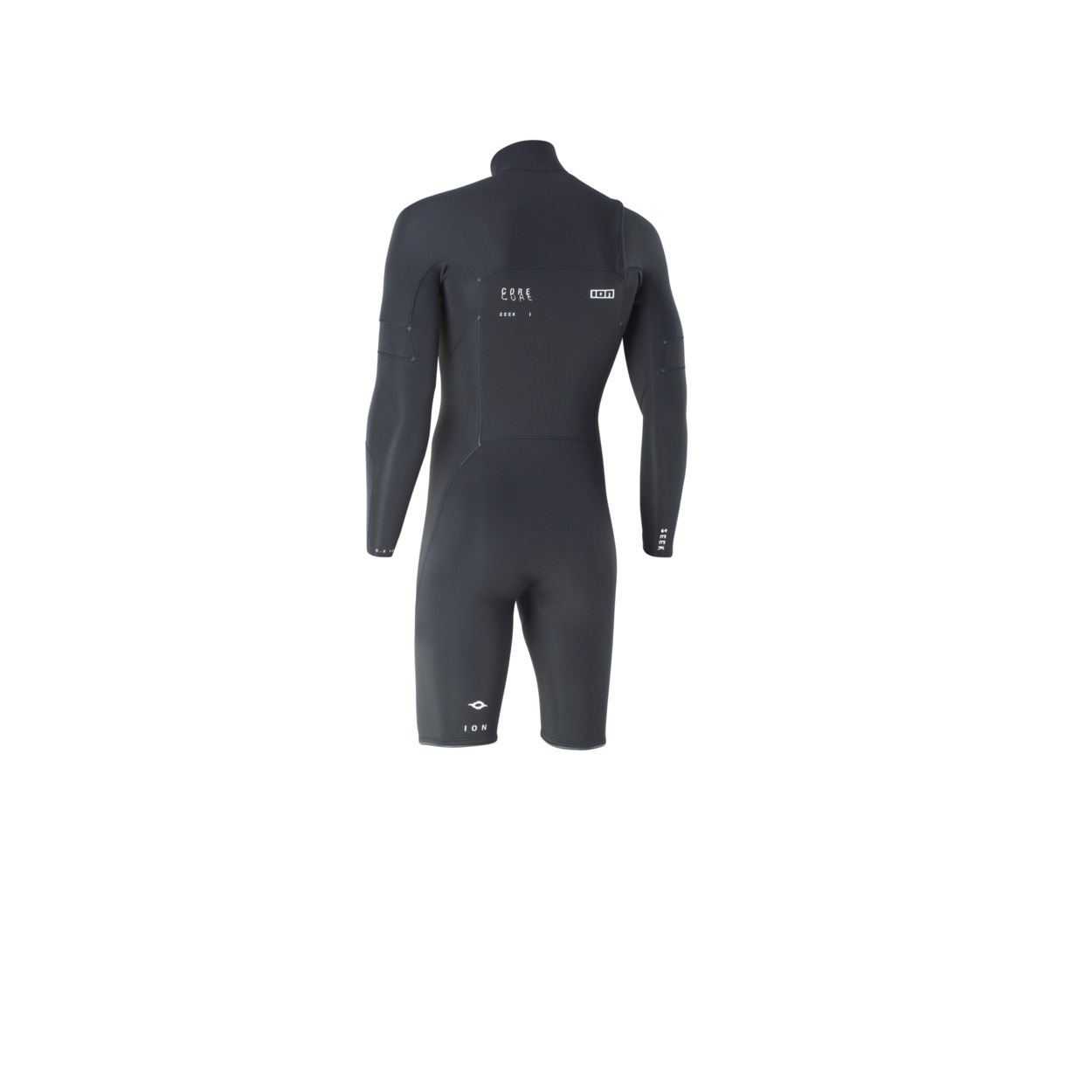 ION Seek Core Shorty Neoprenanzug - Windsport Fehmarn Rückansicht eines schwarzen ION Seek Core 3/2 Shorty Neoprenanzugs mit Front-Zip vor weißem Hintergrund.