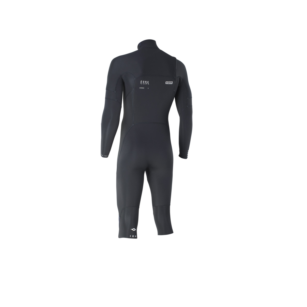 ION Seek Core Overknee Neoprenanzug - Windsport Fehmarn Rückansicht des schwarzen ION Seek Core 4/3 Overknee Neoprenanzugs mit weißem Logo-Branding.