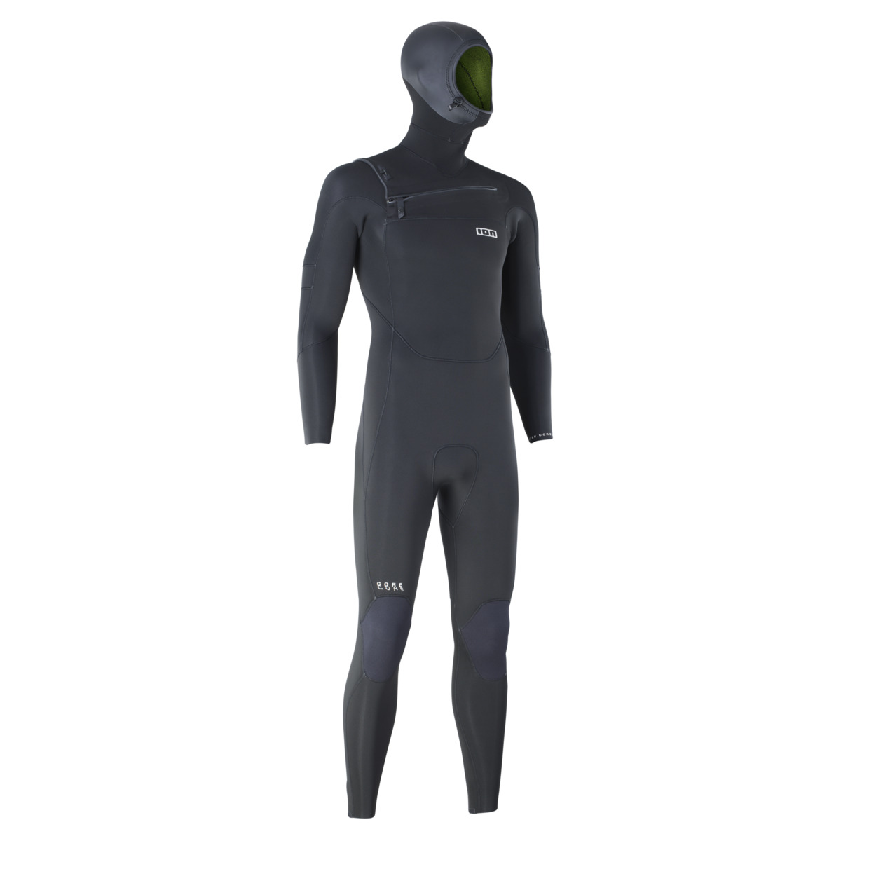 ION Seek Core Neoprenanzug - Windsport Fehmarn Schwarzer ION Seek Core Herren-Neoprenanzug mit Front-Reißverschluss und integrierter Kapuze vor weißem Hintergrund.