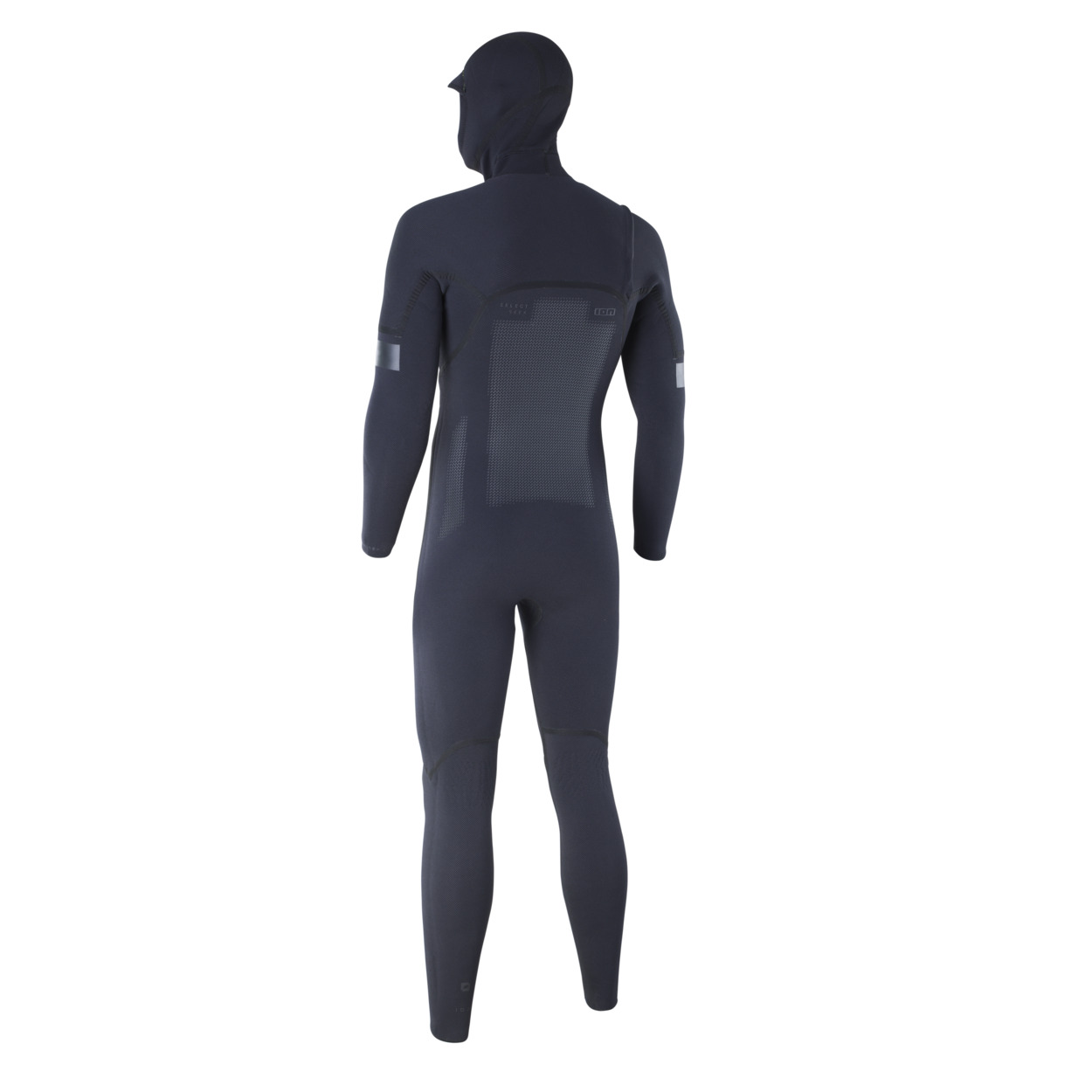 ION Seek Select Neoprenanzug Herren - Windsport Fehmarn Rückansicht eines schwarzen ION Seek Select Neoprenanzugs mit Kapuze vor weißem Hintergrund.
