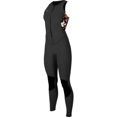 Schwarzer ärmelloser Damen-Neoprenanzug mit Front-Reißverschluss und floralem Muster an den Seiten.
