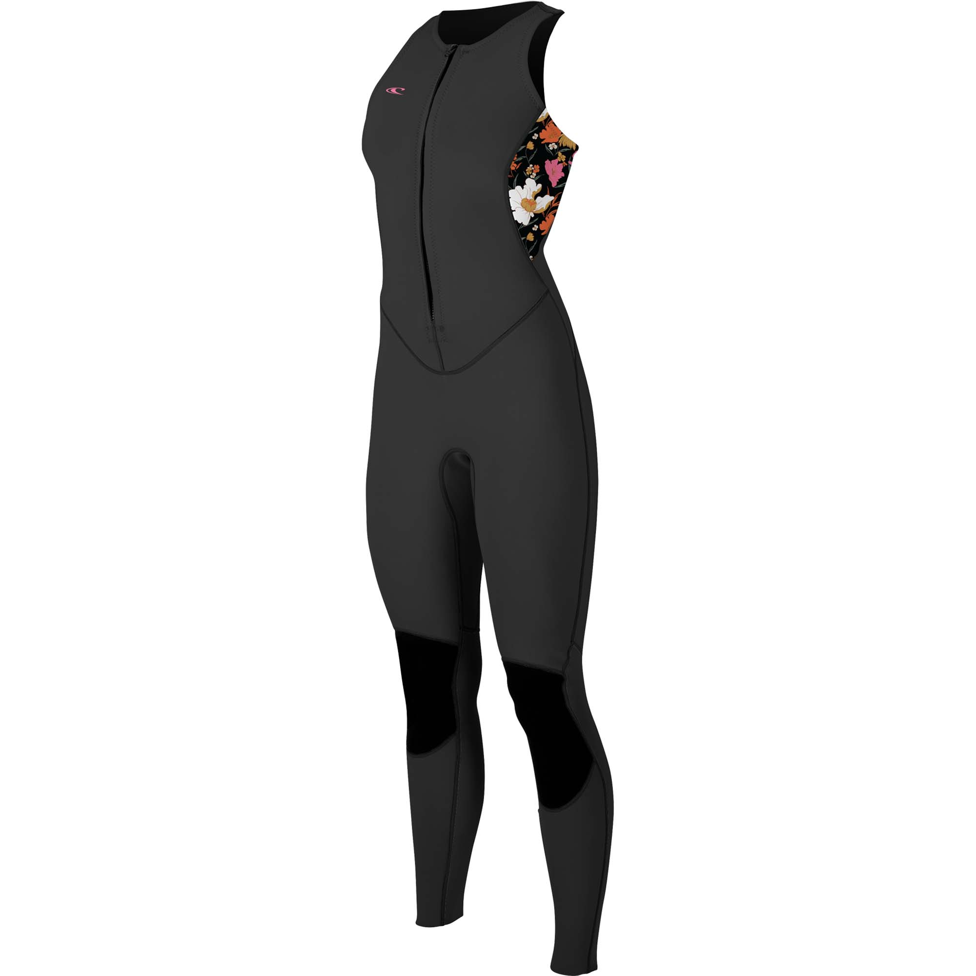 O'Neill Bahia Damen Neoprenanzug - Windsport Fehmarn Schwarzer ärmelloser Damen-Neoprenanzug mit Front-Reißverschluss und floralem Muster an den Seiten.