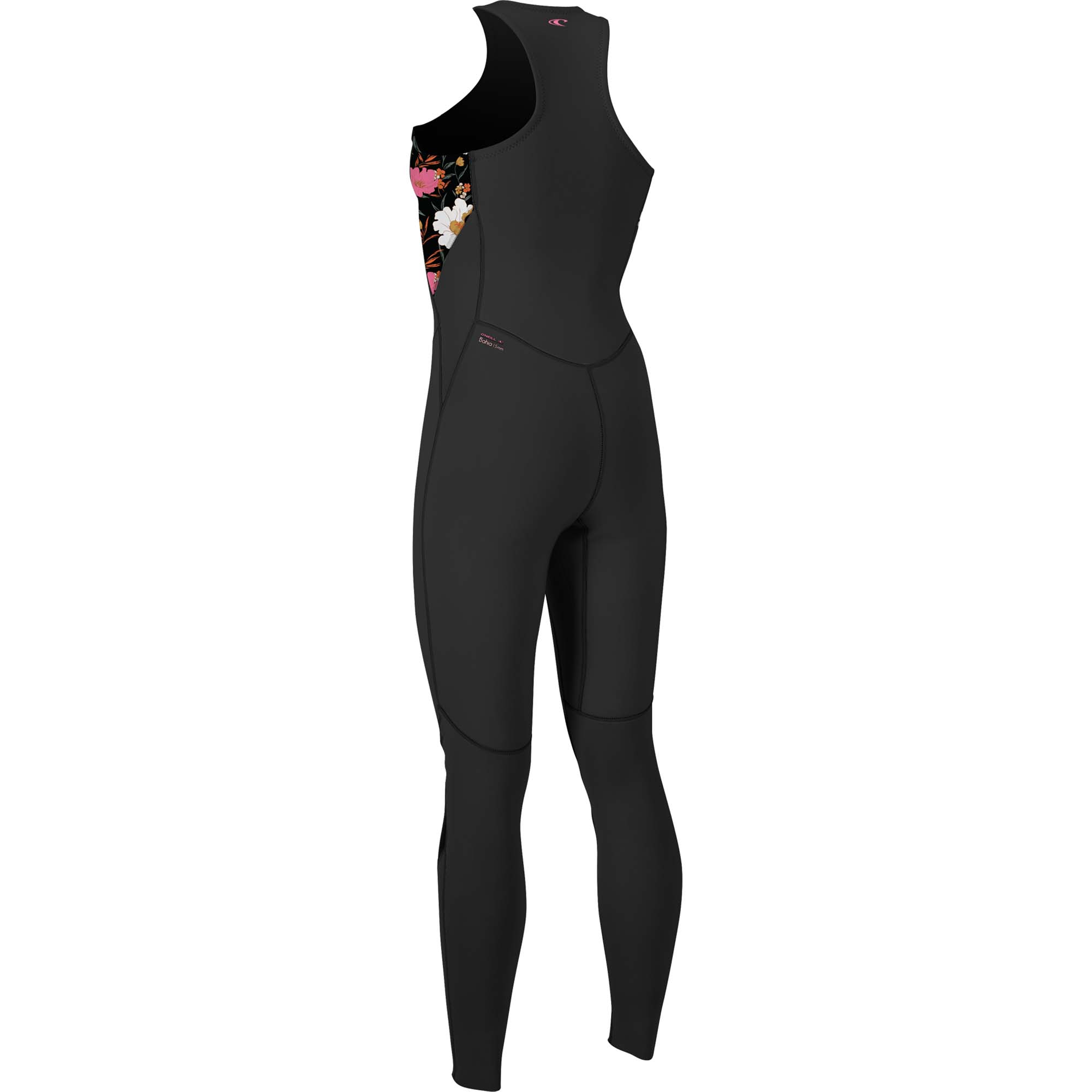 O'Neill Bahia Damen Neoprenanzug - Windsport Fehmarn Schwarzer ärmelloser O'Neill Bahia 1.5mm Neoprenanzug für Damen mit floralem Seitenmuster in der Rückenansicht.