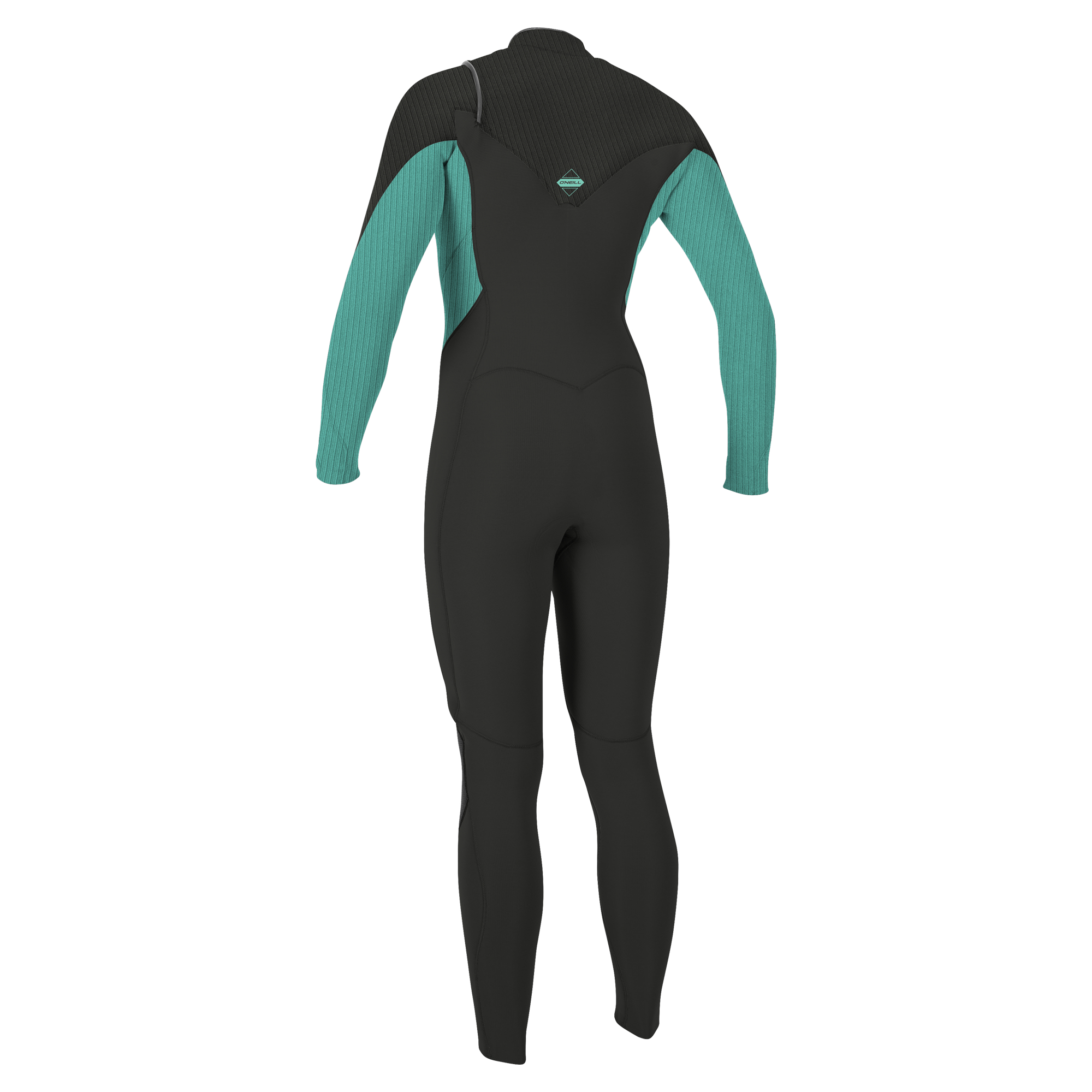O'Neill Hyperfreak Damen-Neoprenanzug - Windsport Fehmarn Rückansicht eines schwarzen und petrolfarbenen O'Neill Hyperfreak Damen-Neoprenanzugs mit Brust-Reißverschluss.