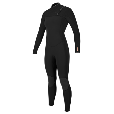 Schwarzer O'Neill Hyperfreak 4/3 mm Damen-Neoprenanzug mit Chest-Zip-Verschluss vor weißem Hintergrund