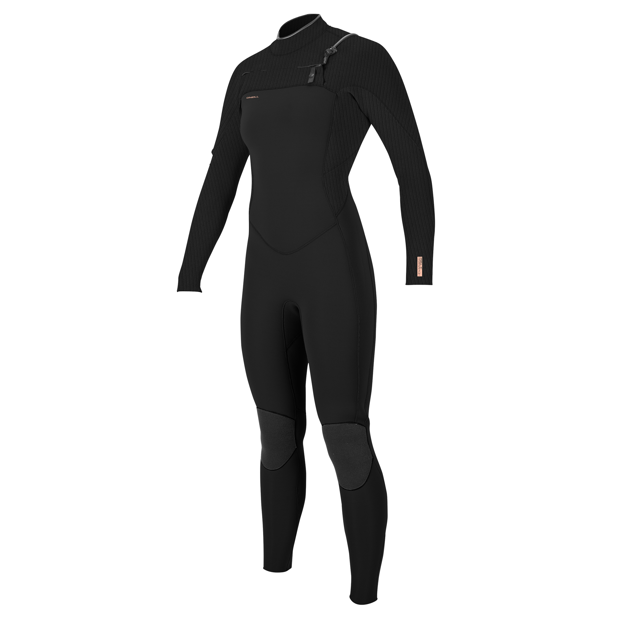 O'Neill Hyperfreak Damen Neoprenanzug 4/3 - Windsport Fehmarn Schwarzer O'Neill Hyperfreak 4/3 mm Damen-Neoprenanzug mit Chest-Zip-Verschluss vor weißem Hintergrund