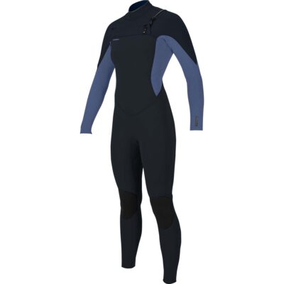 O'Neill Hyperfreak 4/3mm Damen-Neoprenanzug mit Chest-Zip in Schwarz und Blau vor weißem Hintergrund.