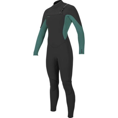 Damen-Neoprenanzug O'Neill Hyperfreak 4/3mm in Schwarz und dunklem Türkis mit Chest-Zip-Verschluss vor weißem Hintergrund.