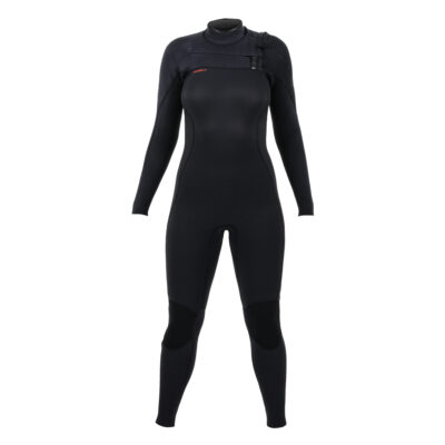 Schwarzer O'Neill Damen Neoprenanzug Hyperfreak 5/4mm mit Chest-Zip vor weißem Hintergrund.