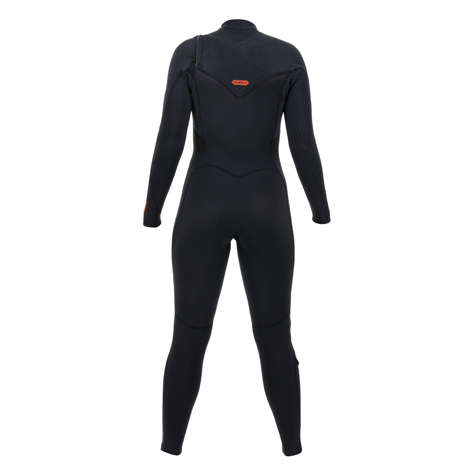 O'Neill Hyperfreak Damen Neoprenanzug - Windsport Fehmarn Rückansicht des schwarzen O'Neill Hyperfreak 5/4 Chest Zip Neoprenanzugs für Damen auf weißem Hintergrund.