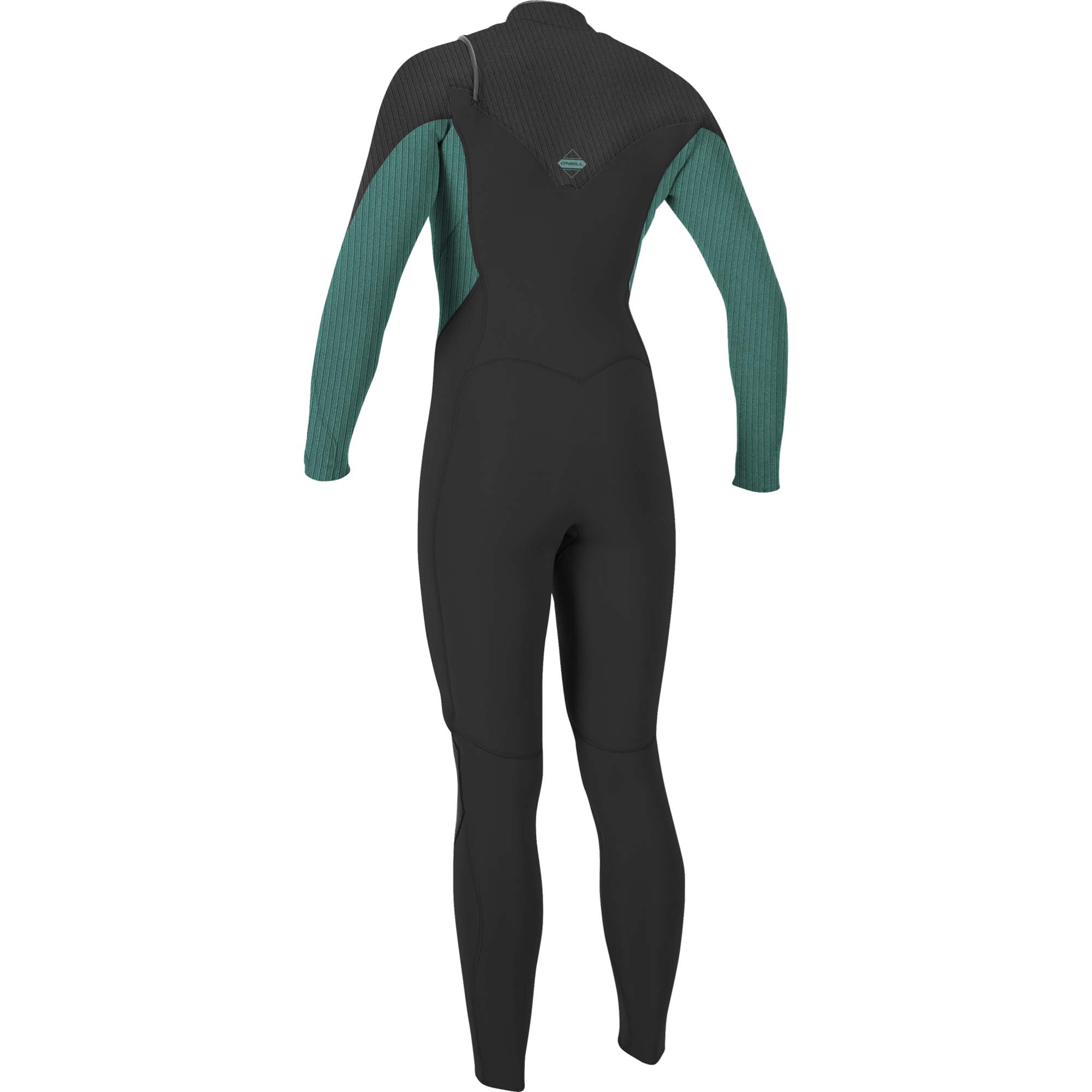 O'Neill Damen Neoprenanzug Hyperfreak 5/4 - Windsport Fehmarn Rückansicht des O'Neill Hyperfreak 5/4 mm Damen-Neoprenanzugs in Schwarz und Petrolgrün mit Chest-Zip