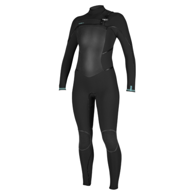 Schwarzer O'Neill PsychoTech 4/3 mm Neoprenanzug für Damen mit Brustreißverschluss auf weißem Hintergrund.