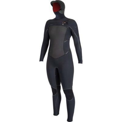 Schwarzer O'Neill Psycho Tech Damen-Neoprenanzug mit Kapuze und Front-Reißverschluss vor weißem Hintergrund.