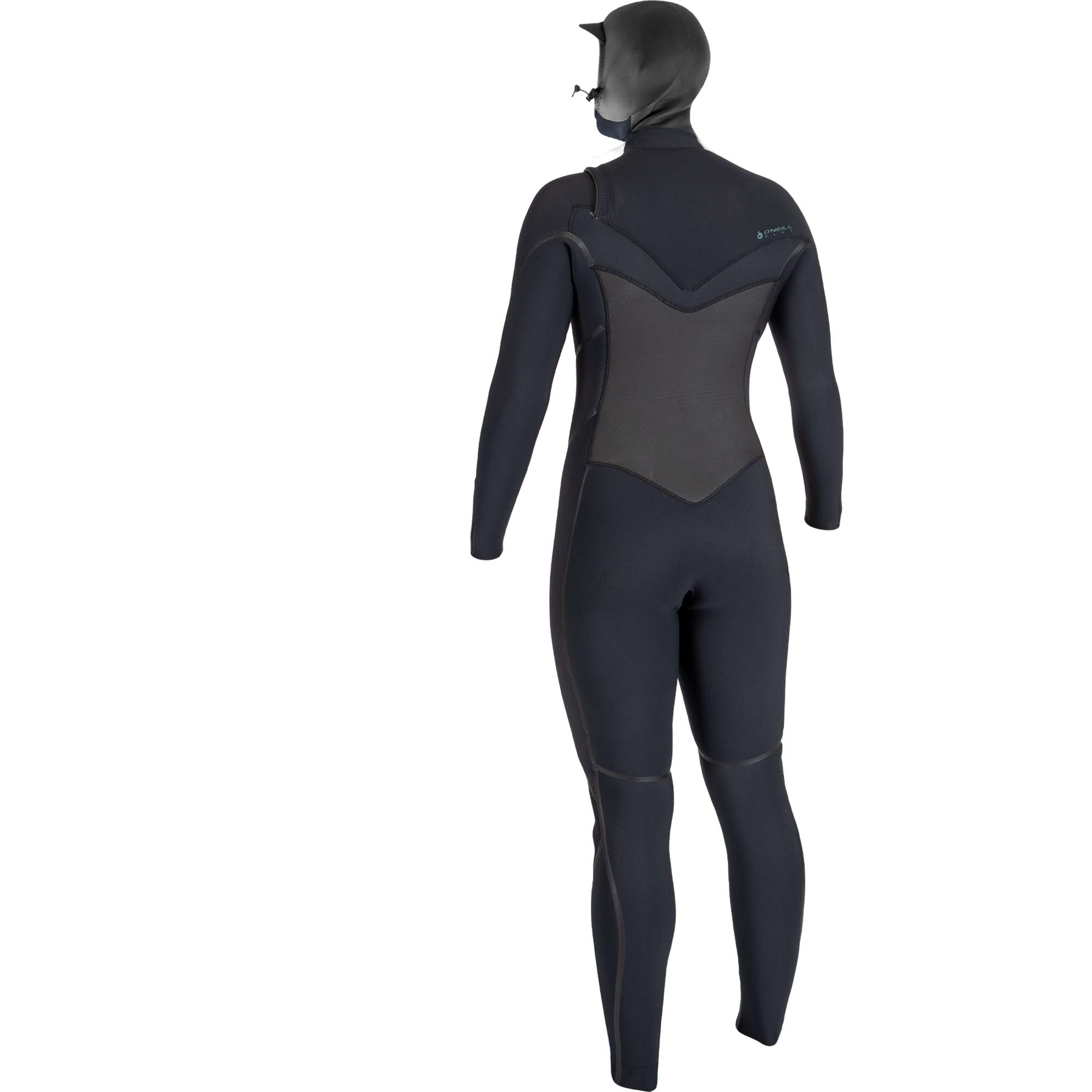 O'Neill Damen Neoprenanzug Psycho Tech - Windsport Fehmarn Rückansicht eines schwarzen O'Neill Psycho Tech Damen-Neoprenanzugs mit Kapuze vor weißem Hintergrund.