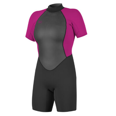 O'Neill Reactor II Damen Springsuit in Schwarz und Beere vor weißem Hintergrund