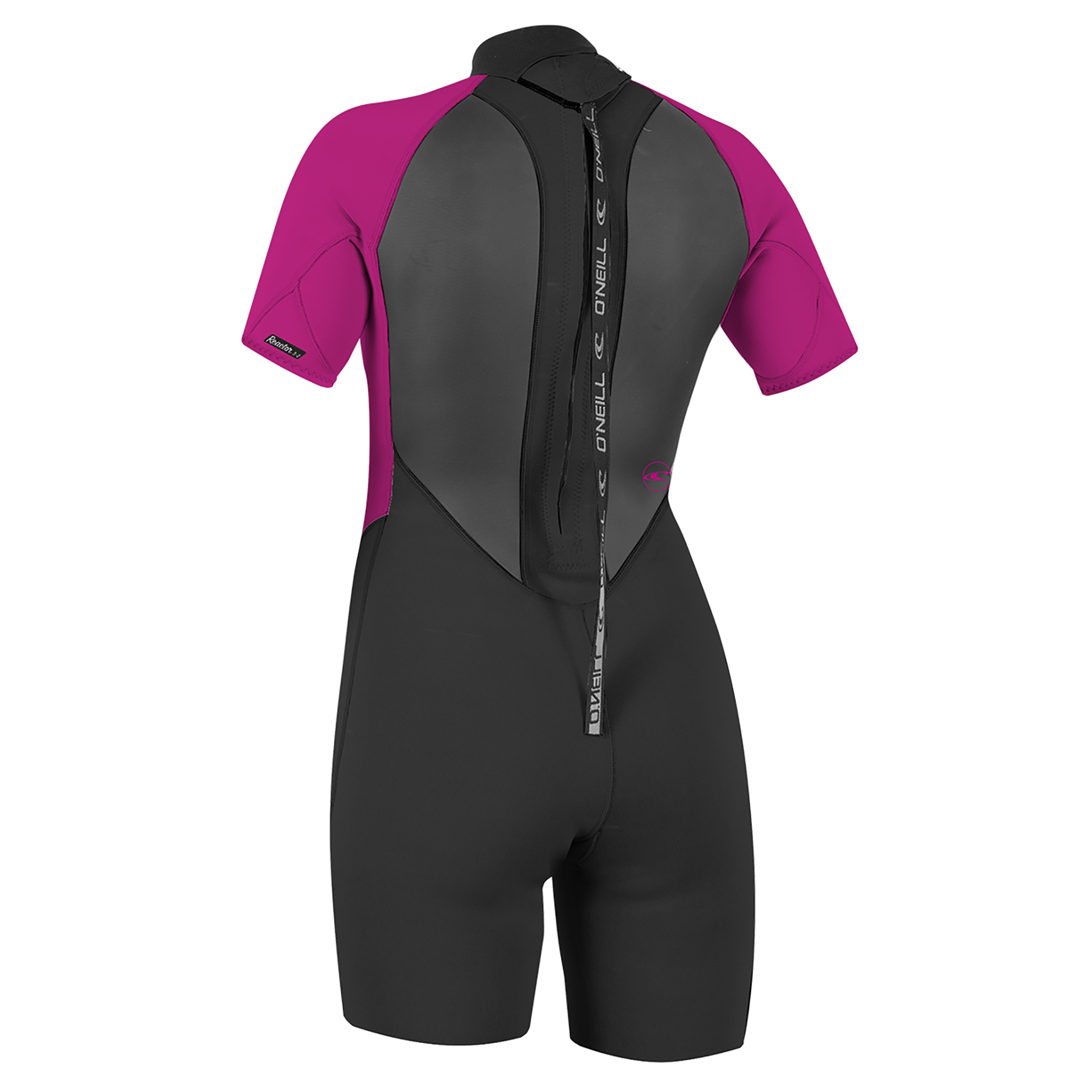 O'Neill Damen Neoprenanzug Reactor II - Windsport Fehmarn Rückansicht eines kurzärmeligen O'Neill Reactor II Damen-Neoprenanzugs in Schwarz und Beere vor weißem Hintergrund.