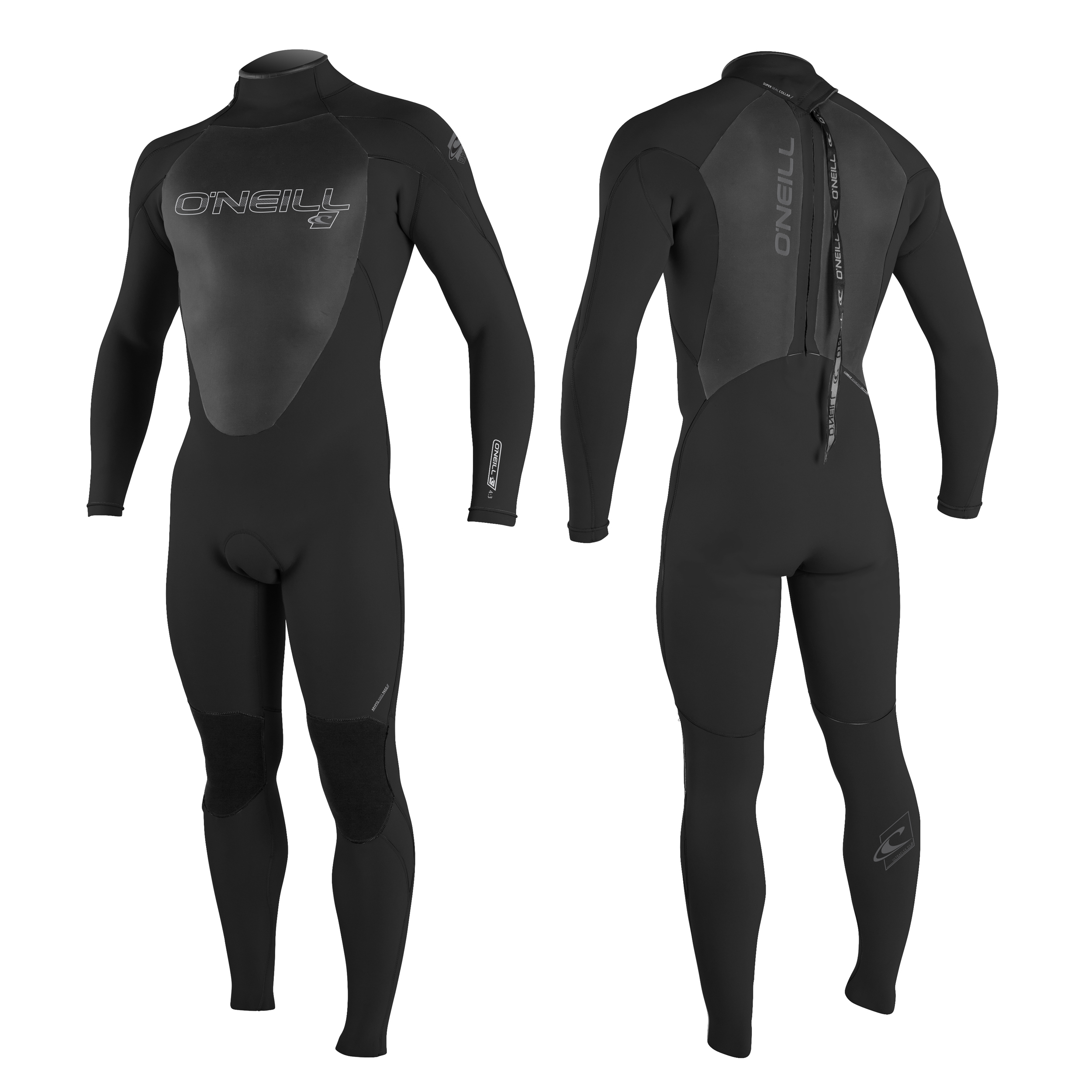O'Neill Epic Herren-Neoprenanzug - Windsport Fehmarn Vorder- und Rückansicht eines schwarzen O'Neill Epic 5/4mm Neoprenanzugs mit Back-Zip-Reißverschluss.