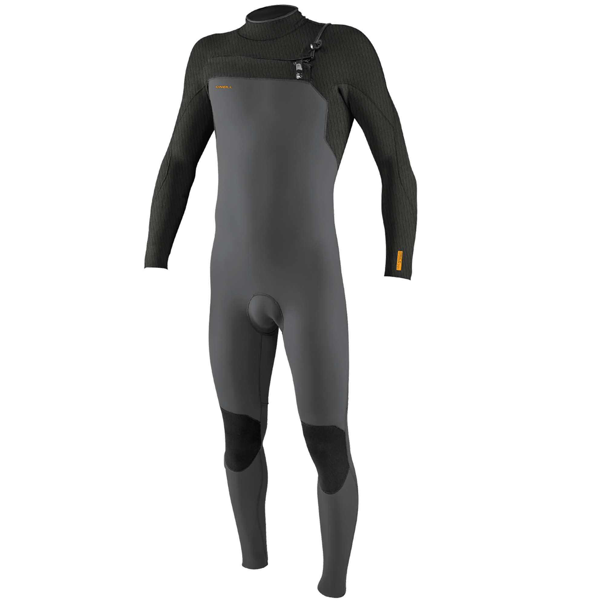 O'Neill Hyperfreak Herren-Neoprenanzug - Windsport Fehmarn Grau-schwarzer O'Neill Hyperfreak 3/2mm Neoprenanzug für Herren mit Brust-Reißverschluss vor weißem Hintergrund.