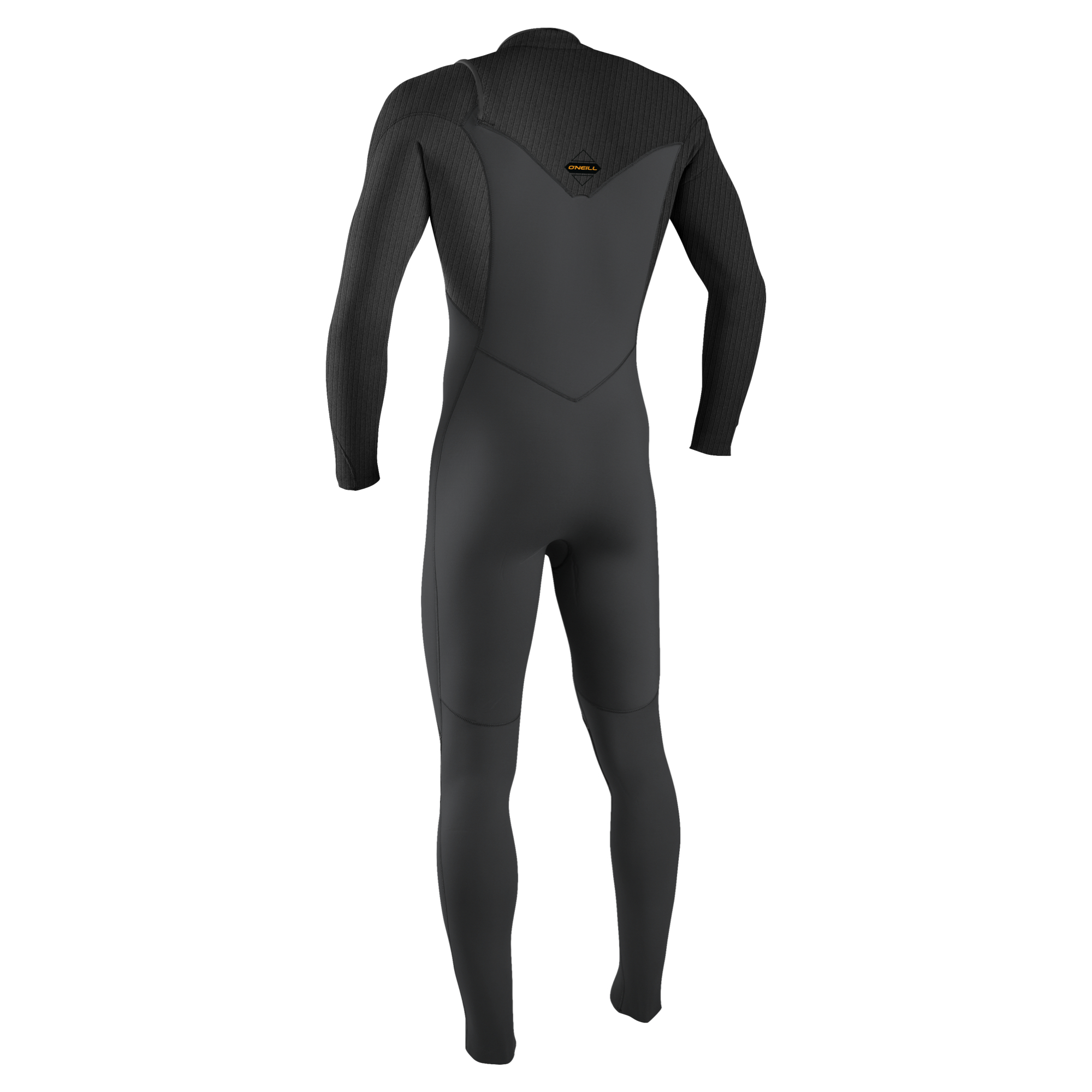 O'Neill Hyperfreak Herren Neoprenanzug - Windsport Fehmarn Rückansicht eines schwarzen O'Neill Hyperfreak 3/2mm Neoprenanzugs mit Brustreißverschluss auf weißem Hintergrund.
