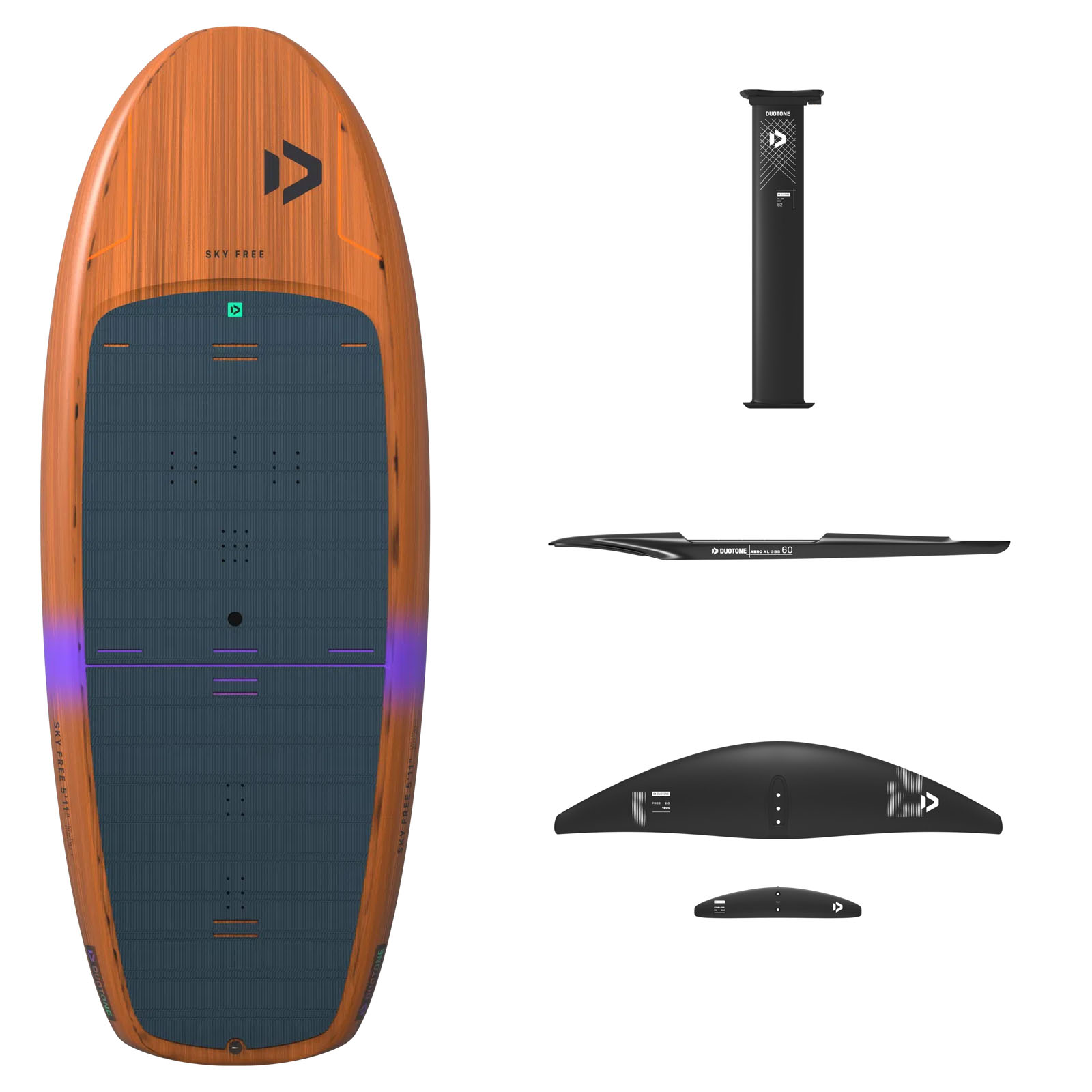 Duotone Sky Free Wingfoil Set - Windsport Fehmarn Duotone Sky Free 5'11 Wingboard mit schwarzem Hydrofoil-Set bestehend aus Mast, Fuselage und Flügeln.