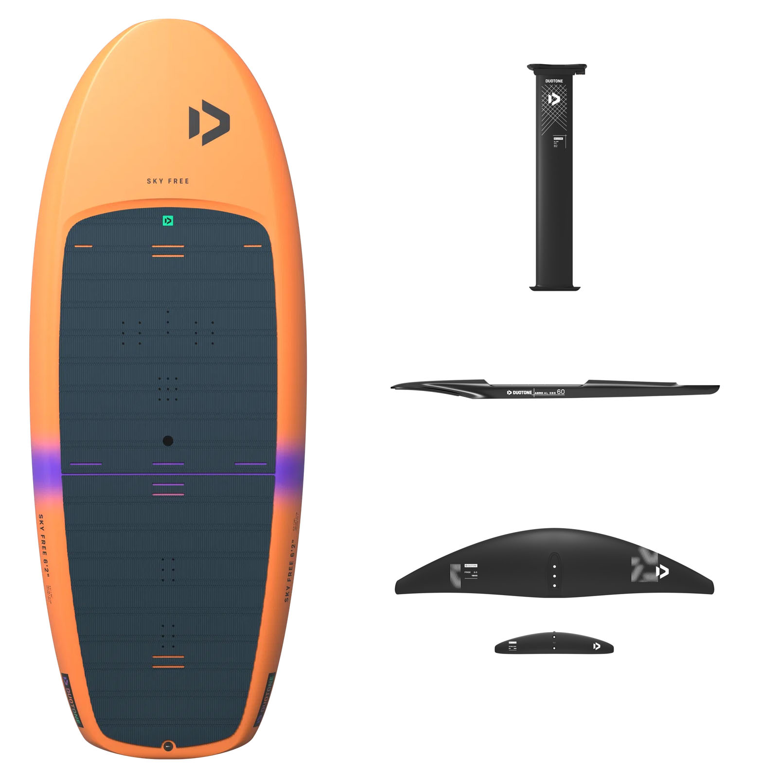 Duotone Sky Free Foil Set - Windsport Fehmarn Ein orangefarbenes Sky Free Wingboard und ein schwarzes Duotone Aero Foil-Set bestehend aus Mast, Fuselage und Wings.