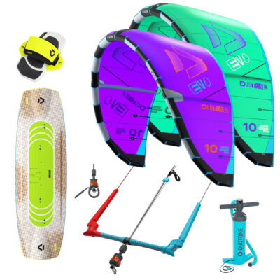 Duotone Evo Kites, Gonzales Board, Trust Bar und Pumpe in einer Studioaufnahme vor weißem Hintergrund.
