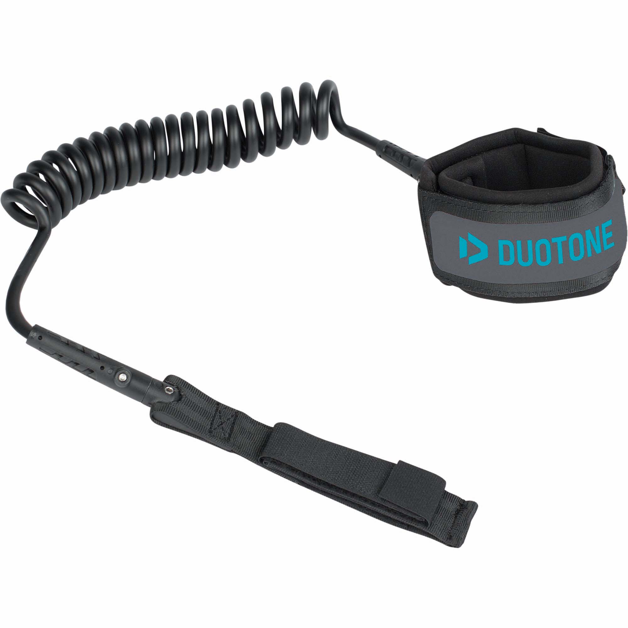 Duotone Wing-Leash für Wingfoiler - Windsport Fehmarn Schwarze Duotone Wing-Leash mit spiralförmigem Kabel und gepolsterter Klettverschluss-Manschette für das Handgelenk.